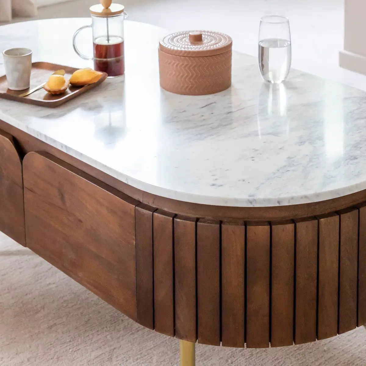 Table basse en bois de manguier et marbre Sienne Zoom