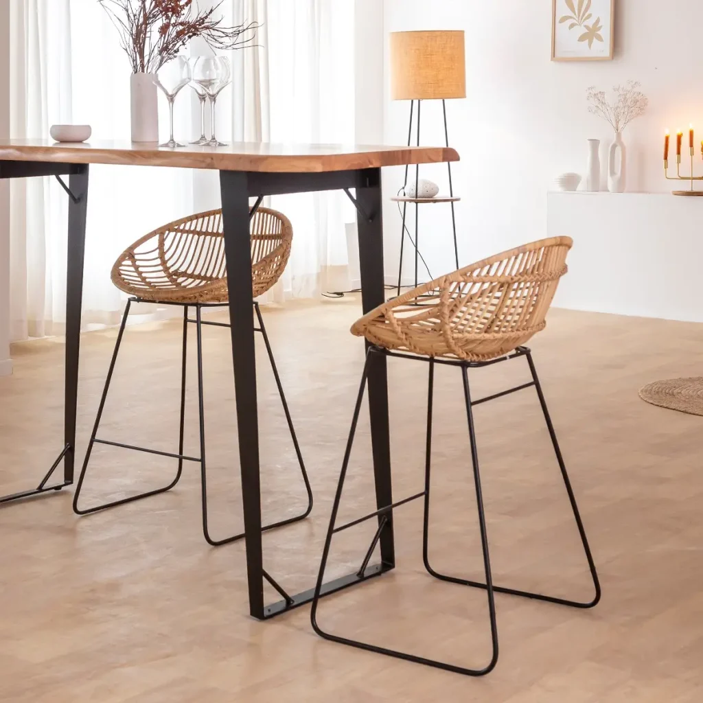 Tabouret de bar rond en rotin et métal Calvi